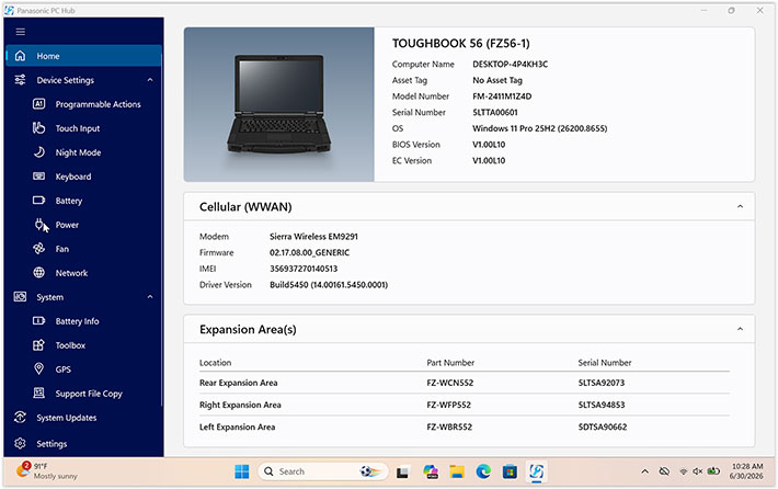 Panasonic PC Hub system configuration utility on the Toughbook 56