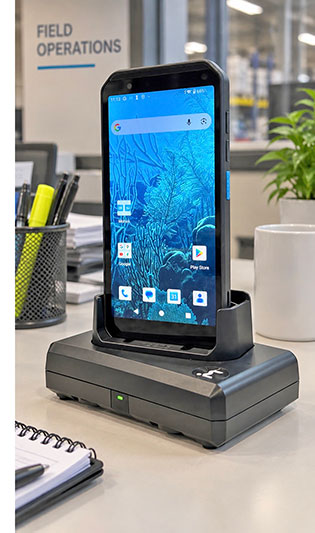TC605 rugged handheld in desktop charging cradle