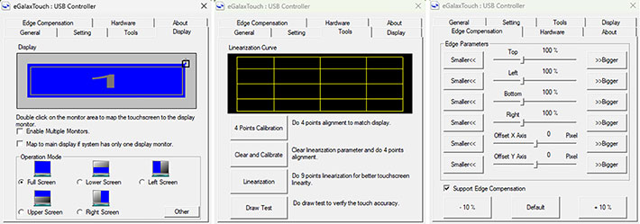 eGalax resistive touchscreen calibration and configuration screens on the Winmate W07IAN3S-OFT1