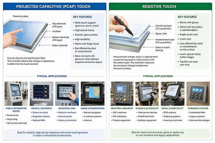 Comparison of projected capacitive and resistive touchscreen technologies and their industrial applications